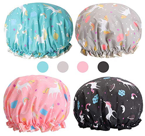 Duschhaube Damen 4 Stück, Wasserdicht Doppelschicht Duschhaube Elastisch Bad Kappe Wiederverwendbare Badekappe Badehüte, Groß Shower Caps Duschhauben für Mädchen Frauen Kinder Lange Haare Dusche Spa