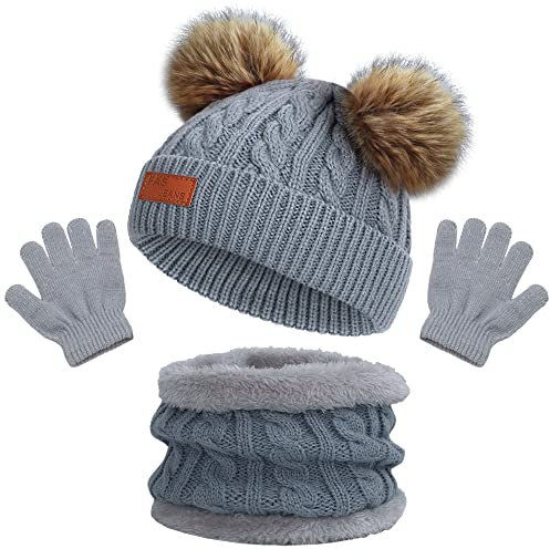beifon Kinder Wintermütze Warme Mütze Jungen und Mädchen - Handschuhe und runder Schal Set für Kinder 3-8 Jahre