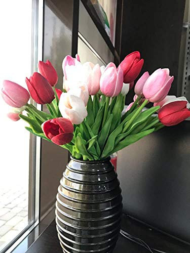witgift Künstliche Tulpen, 20 Stück künstliche Tulpe Blume Latex Real Touch Bridal Wedding Bouquet für Hochzeitszimmer Home Hotel Party Dekoration (Hellrosa tiefrosa rot)