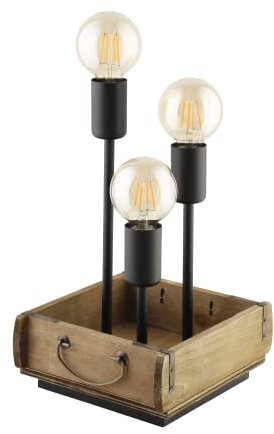 EGLO Tischlampe Wootton, 3 flammige Tischleuchte vintage, Nachttischlampe aus Holz in Braun und Metall in Schwarz, Wohnzimmerlampe, Lampe mit Schalter, E27