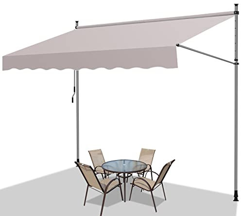 Fiqops Klemmmarkise Beige 350x120x 200-300cm, Balkonmarkise Sonnenschutz Markise Handkurbel ohne Bohren, UV-beständig, 100% Polyester, Höhenverstellbar