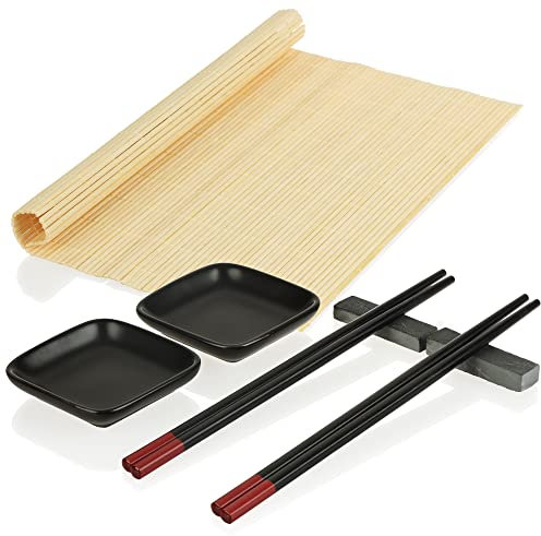 COM-FOUR® Juego de sushi de 7 piezas con palillos - bandeja para palillos - Juego de servir asiático - tazón para salsas (Set de sushi de 7 piezas negro)