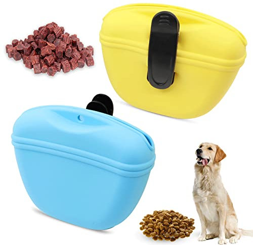 MGKSHADOW Dog Treat Pouch 2 Pack, Dog Treat Training Pouch, Silicone Pet Treat Bag BPA Free/Clip/Magnetic Dog Walk (Yellow & Blue)