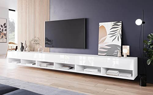 MINIO - TV Stand Cabinet LED ANNE, TV Unit 300 cm Wide, TV Cabinet with Doors and Open Niches, Laminated Chipboard, Practical and Functional - White Matt/White High Gloss