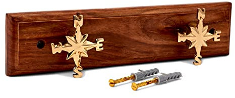 NKlaus Maritim gancio binario rose dei venti 2 pieghe in ottone su legno 30x7x4cm appendiabiti 11616