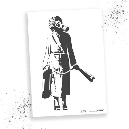 LaserCad Schablonen BANKSY Streetart (B049, Woman in Gasmask (Ukraine), DIN A3) Stencil für Graffiti, Airbrush, Kunst, Deko, zum Malen