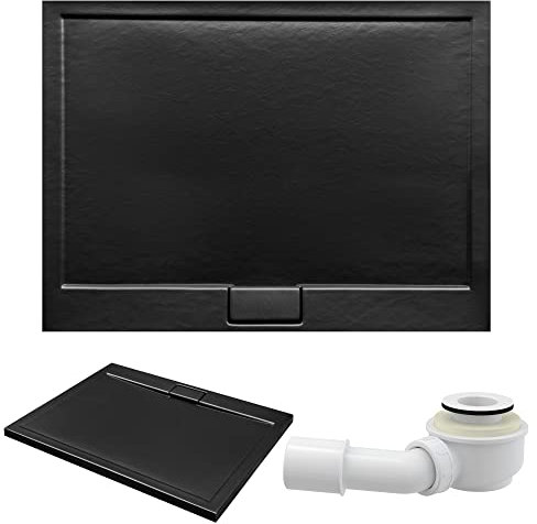 BADLAND Duschwanne 120x90 Axim Schwarz Steinoptik Acryl Duschtasse Rechteck mit Ablaufgarnitur Ø 50 mm