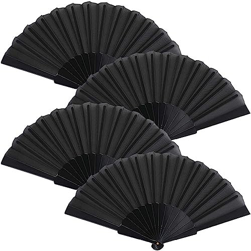 SJBAUTYO 4 Piéces Eventail Japonais Chinois,Éventail Bambou a Main Noir, Petit Eventail Pliable de Poche, Deco Orientale pour Homme,Enfant &Fille