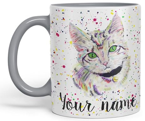 Vixar Taza de cerámica personalizada con tu texto, gatito, gato, felino, animales domésticos, acuarela, arte, taza de cerámica de color, regalo de 330 ml, para trabajo, oficina, té, café (gris)