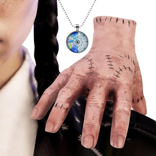 Norhogo Latex Händchen, Wednesday Family Hand, mit EIN Buntes Spinnennetz Halskette, Realistic Scarred Latex Palm, Gruselrequisiten Dekorationen für Erwachsene, Geschenk für Fans