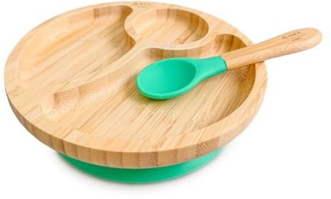 Althea Living - Set de Vajilla de Bambú para Bebé 2 Piezas - Plato con Ventosa Dividido y Cuchara de Silicona - Antimicrobiano, Seguro sin BPA - Sostenible, Bambú - Verde aguamarina