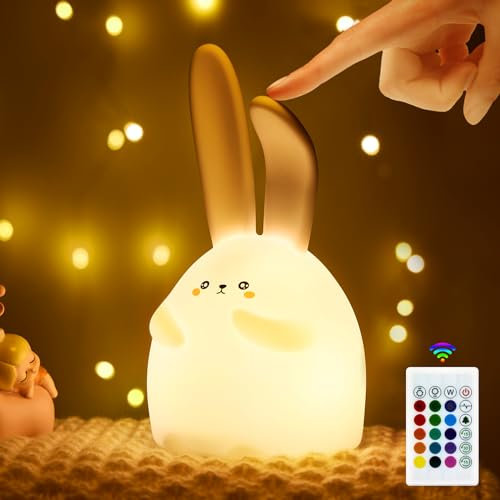 Cute Bunny Kids Night Light, 16 Color Changing LED Baby Night Light with Timer, Tap & Remote Control USB C Rechargeable Silicone Nursery Decor Newborn Toddler Girl Kawaii Gift