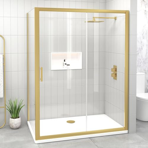 1200 x 700mm Brushed Brass Sliding Door Shower Enclosure with Side Panel Reversible 6mm Easy Clean Safety Tempered Glass Shower Cubicle Screen