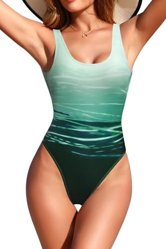 SHEKINI Costume da Bagno Intero da Donna Schienale a U Costume Donna Intero Sexy Costume Intero Donna Piscina(S, Verde J)