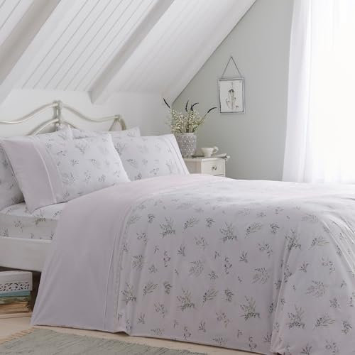 Dreams & Drapes White Floral Duvet Cover Set – Super King Size 260 x 220cm – Includes 2 Pillowcases – Lavender Botanical Bedding – Vintage Lace & Ruffle Trim – Soft Touch Fabric – Elegant Bed Linen