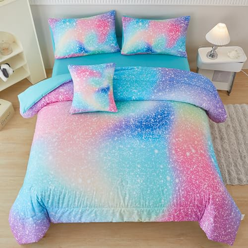PERFEMET Bettwäsche-Set für Kinder und Mädchen, 6-teilig, Rosa, Grün, Ombré-Regenbogen-Bettwäsche-Set, bunt, Batikfärbung, Glitzer, Teenager, Mädchen, Bett in Einer Tasche