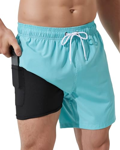 Arcweg Men's Swim Trunks Mens Swimming Shorts with Compression Liner Quick Dry Stretchy 2 in 1 Board Shorts with Zipper Pockets Sky Blue S(UK)