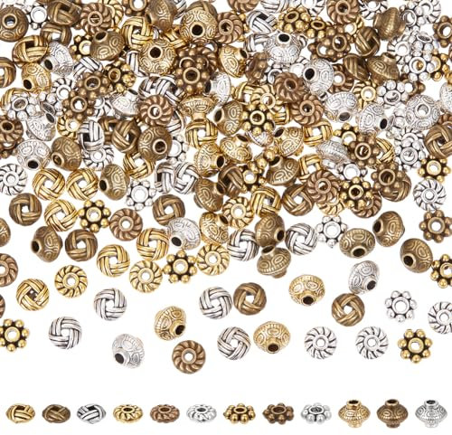 SUNNYCLUE 1 Box 240Pcs 12 Styles 6mm Spacer Beads Tibetan Style Alloy Spacer Beads Antique Silver Gold Bronze Flat Round Daisy Bicone Retro Metal Bead for DIY Bracelet Necklace jewellery Making