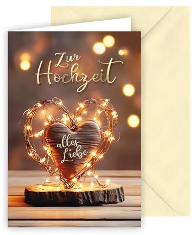 KE - Glückwunschkarte zur Hochzeit, Glückwunschkarte zur Hochzeit, Hochzeitskarte, Vermählung, inkl. Umschlag, DIN B6 Format, beige, Motiv: Herz mit Lichterkette auf Holzscheibe
