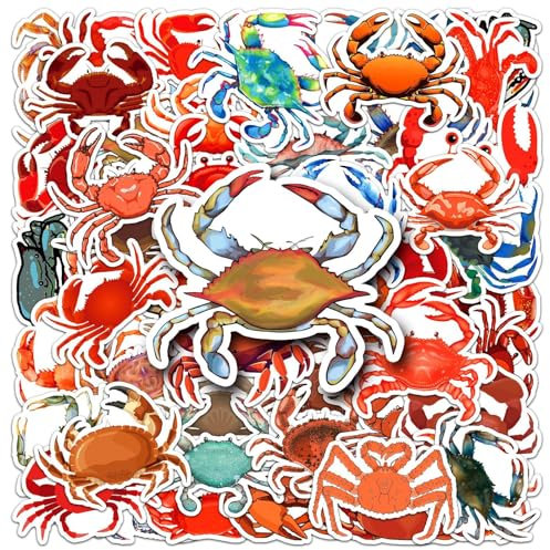 Crab Stickers 50 Pcs Waterproof Cartoon Ocean Animals Sticker for Laptop Skateboard Computer Phone Luggage Hydro Flask Water Bottle Car Bike,Cute Funny Crab Stickers for Kids Teens Adults