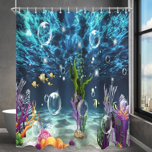 Lerores Duschvorhang 240x200cm Bunter Meeresboden, Beschwerter Saum Antischimme, Wasserabweisend, Waschbar Polyester Badevorhänge mit 16 Ösen und Duschvorhangringen für Badezimmer, Badewanne