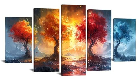 JOSUE 5 pezzi Albero Della Vita Quadri Albero della Vita Quattro Stagioni Stampe E Quadri Su Tela,Giallo Quadri Decorazioni Soggiorno Sala Da Pranzo Bar-60x125cm Incorniciato