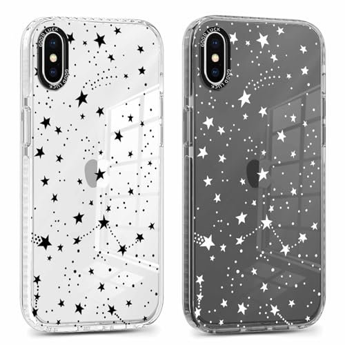 Foonary 2 Pack Clear Print Phone Case for iPhone X/XS 5.8, Slim Soft Silicone with Star Design Aesthetics Transparent Pattern Cases, Shockproof Bumper Protector Cover for iPhone X Girls
