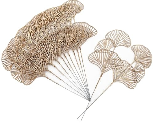 Golden Ginkgo Leaves Stems Christmas Decoration, Artificial Plants Fake Plastic Simulation Apricot Leaf Grass for Wedding Party Indoor Home Office DIY Crafts Flowers Bouquet Xmas Gold Decor - 12 Pack