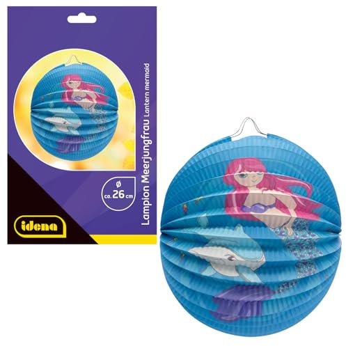 Idena 30414 - Lampion Meerjungfrau mit Delfin, ca. Ø 26 cm, blaue Papierlaterne mit Unterwassermotiv, Kinder Laterne für Sankt Martin und Lichterfest