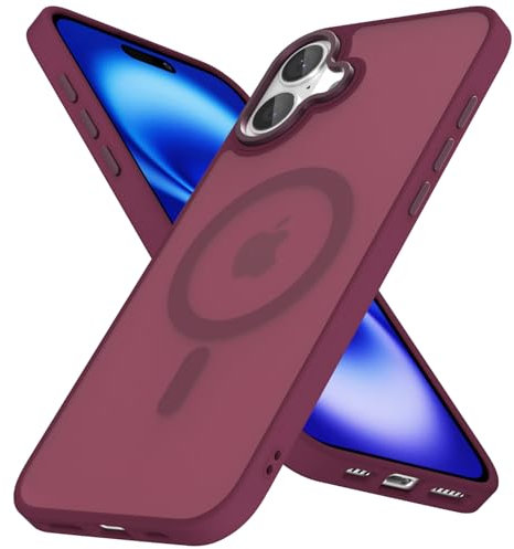 oakxco Magnetic Case for iPhone 16 Phone Case Compatible with Magsafe, Slim Thin Clear Hard Shell Plastic & Silicone Rubber Bumper, Transparent Cute Mag Safe Cover for Women Girls, Burgundy Maroon