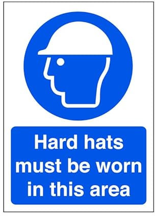 Hard hats must be worn in this area - safety sign, ppe, head protection - High tack self-adhesive sticker (200mm x 150mm) Viewing Distance within 5m.