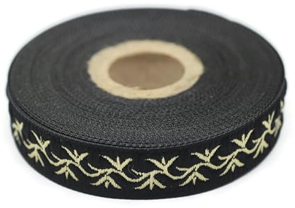 Bobina de 10 metros de ancho, 16 mm de ancho, cinta jacquard bordada de hiedra negra y dorada 16073