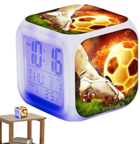 Generisch Fußballwecker, Wecker für Kinder, Fußball-Nachttischwecker, Fußball, Kinderwecker Fußball mit LED-Display, Würfel-Fußballwecker mit Buntem Nachtlicht, Bunter Fußballwecker für Schlafzimmer