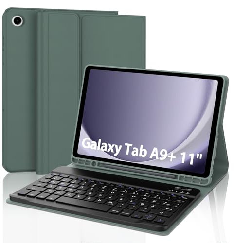SENGBIRCH Tastatur Hülle für Samsung Galaxy Tab A9 Plus 11 Zoll 2023 - QWERTZ Deutsche Tastatur Abnehmbare Bluetooth Wireless Keyboard für Galaxy Tab A9+ 11 2023, Dunkelgrün