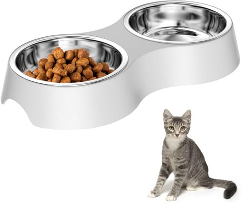 Luazvilkpsar Gamelle Chat Gris, Gamelle Chien avec 2 Bols en Acier Inoxydable Bols Chat Antidérapants, Gamelle pour Chat Mangeoirs et Abreuvoirs pour Chats pour Chats et Petits Chiens