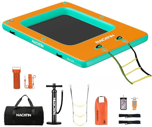 10FT x 7.2FT Inflatable Floating Dock with Splash Pool – Heavy-Duty PVC Platform for 6-8 People, 1200lb Capacity – Includes Air Pump, Repair Kit & Carry Bag