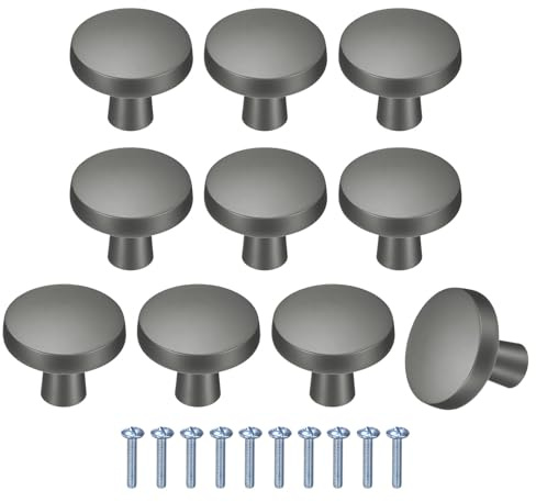M METERXITY 10-Pack Cabinet Knobs 1-1/5in Dark Grey | Brushed Satin, Round, Modern Zinc Alloy Handles, for Dresser Drawers, Office Decorative, Kitchen Bathroom Door