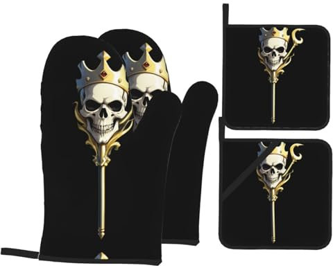 YYHWHJDE 4-teiliges Set mit Totenkopf-Zepter-Bild, isolierter Ofenhandschuh und Topflappen, Verbrühungsschutz und Wärmeisolierung