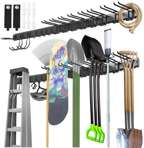 Cioquli Gerätehalter Wandhalterung, 200cm Gartengerätehalter Metall mit 5 Schienen, Besenhalterung Wand mit 15 Verstellbaren Metallhaken, Tool Organizer Wandhalterung für Besen, Schaufel, Gartengeräte