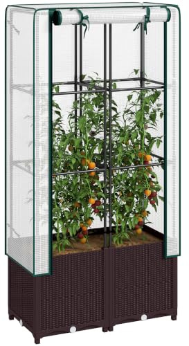 Outsunny Raised Garden Bed with Trellis, Raised Planter, 80 x 40 x 140 cm | PE Cover, Plastic Planter Box, Drainage Holes, Drain Plugs, Water Reservoirs, Climbing Plants, Vegetables, Flowers