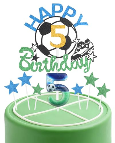 Football Birthday Candles Cake Toppers Set,Soccer Number 5 Candle for Cake,Boys 5th Birthday Decorations,Blue Green Candles Cake Toppers Soccer Cake Decorations for Football Themed Party Supplies