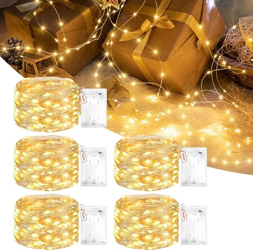 Peasur 5 Stück Lichterkette Batterie 2 Programm mit Timer, 3M 30 LED Micro Lichterkettenbatterie Warmweiß, Klein Draht Lichterketten Batterien Innen für Weihnachten Party Hochzeit Geschenke Deko