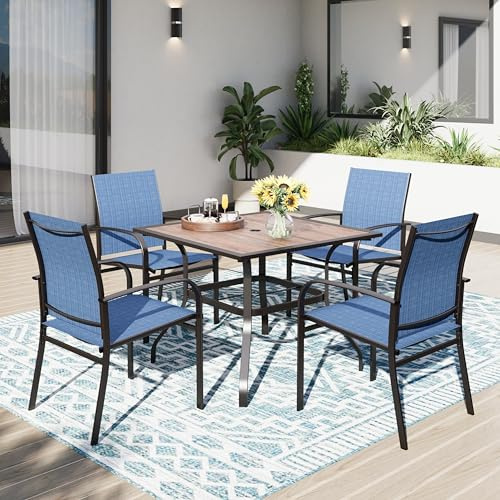 PHI VILLA Gartenmöbel Set 4 Stühle mit Tisch Terassenmöbel Außen Wetterfest | Quadratischer Tisch in Holzoptik mit 4-5 cm Schirmloch, 4 Textilene-Stühle, für Balkon und Terrasse
