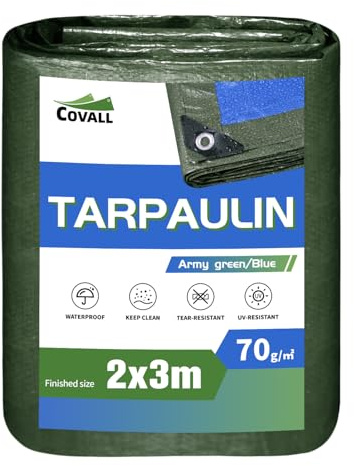 COVALL waterproof tarpaulin 2mx3m, 70g/m² UV resistant outdoor sunshade tarp, ripstop green fabric large tarpaulins sheet,house rain cover,camping tent with eyelets,motorcycle,boat,wood pool cover