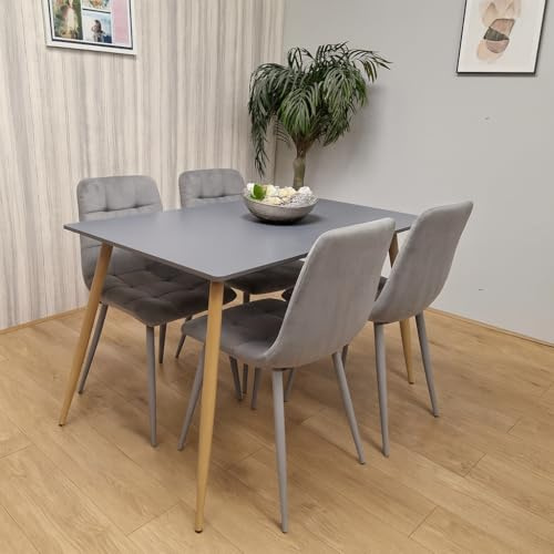 KOSY KOALA Wooden Dining Table Set For Grey Wooden Table and 4 Grey Velvet Chairs