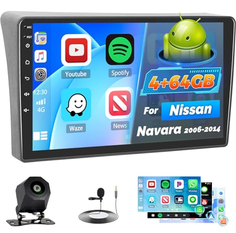 Roinvou 4+64G Radio Coche para Nissan Navara 2006-2014 Carplay Inalámbrico Android Auto, Android Pantalla Radio Coche 9 Pulgadas MirrorLink Bluetooth WiFi GPS 32EQ RDS/FM SWC Cámara