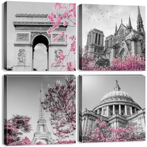 4 Pcs Gris y Rosa Cuadros de París para Dormitorio, Sala de Estar . Lienzo Decorativo Con la Torre Eiffel Flores de Cerezo . Ideal para La Oficina, La Cocina O El Hogar. Decoración Moderna. 30x30 cm
