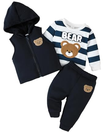 Geagodelia Toddler Baby Boy Fall Winter Clothes Outfit Long Sleeve Bear Embroidery Sweatshirt Jumper Top Zip Up Hooded Vest Pants Trouser Clothing Set