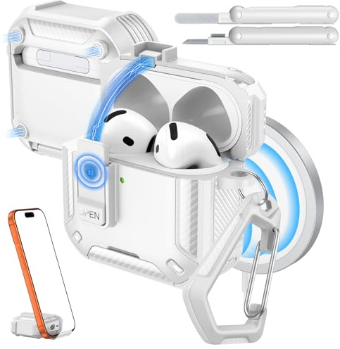 MoKo für AirPods 4 Hülle mit Verschluss 2024, Weiß | Kompatibel mit MagSafe, elefonhalterung und automatischem Pop-up für AirPods 4. Gen. Hülle, Schutzhülle mit Reinigungsset