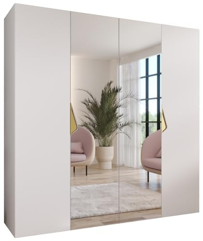 MEBLE KRYSPOL - Kleiderschrank - Garderobenschrank - 200 cm x 202 x 52 cm - Schrank mit Kleiderstange und Spiegel, 4 Türen - für Schlafzimmer, Flur - SANDI, Weiß, Griff Gold
